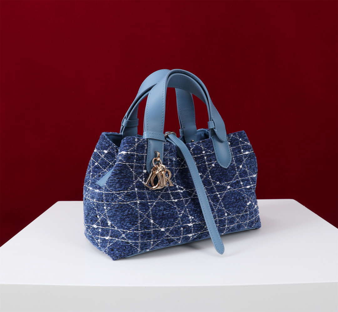 Dior M2822 Small Dior Toujours Bag Denim Blue Tweed with White Cannage Motif