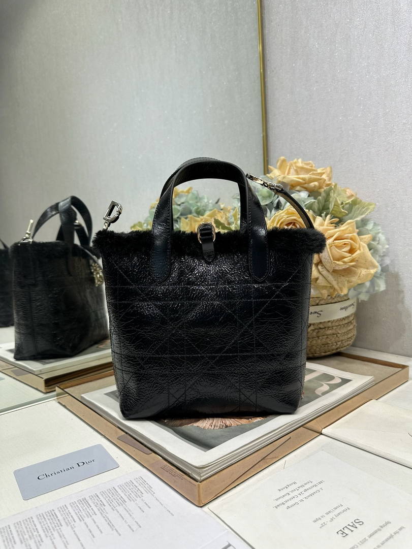Dior M2835 Small Dior Toujours Bag Black Macrocannage Crinkled Calfskin and Merino Wool