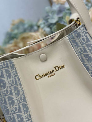 Dior  M2840 Small Signature Bucket Bag Blue Dior Oblique Chambray with Raffia Effect and Light Biscuit Smooth Calfskin - Default Title - View 6