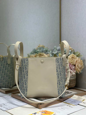 Dior  M2840 Small Signature Bucket Bag Blue Dior Oblique Chambray with Raffia Effect and Light Biscuit Smooth Calfskin - Default Title - View 7