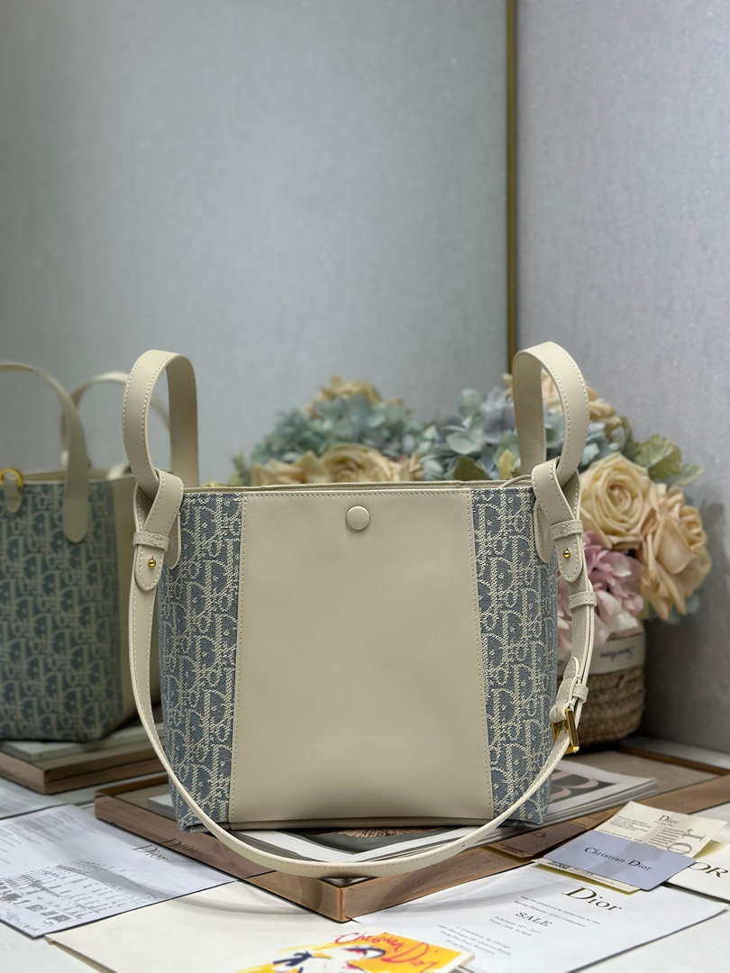 Dior  M2840 Small Signature Bucket Bag Blue Dior Oblique Chambray with Raffia Effect and Light Biscuit Smooth Calfskin - Default Title - View 7