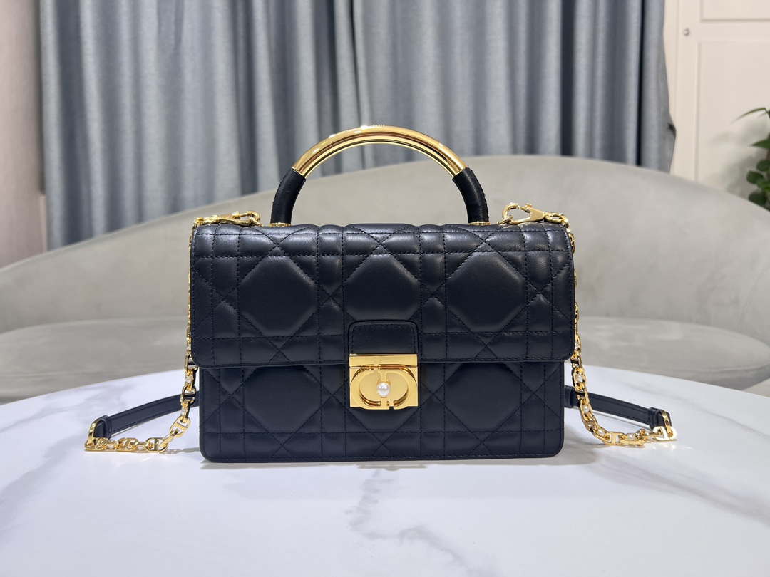 Dior M4402 Medium Dior Ange Bag Black Macrocannage Calfskin