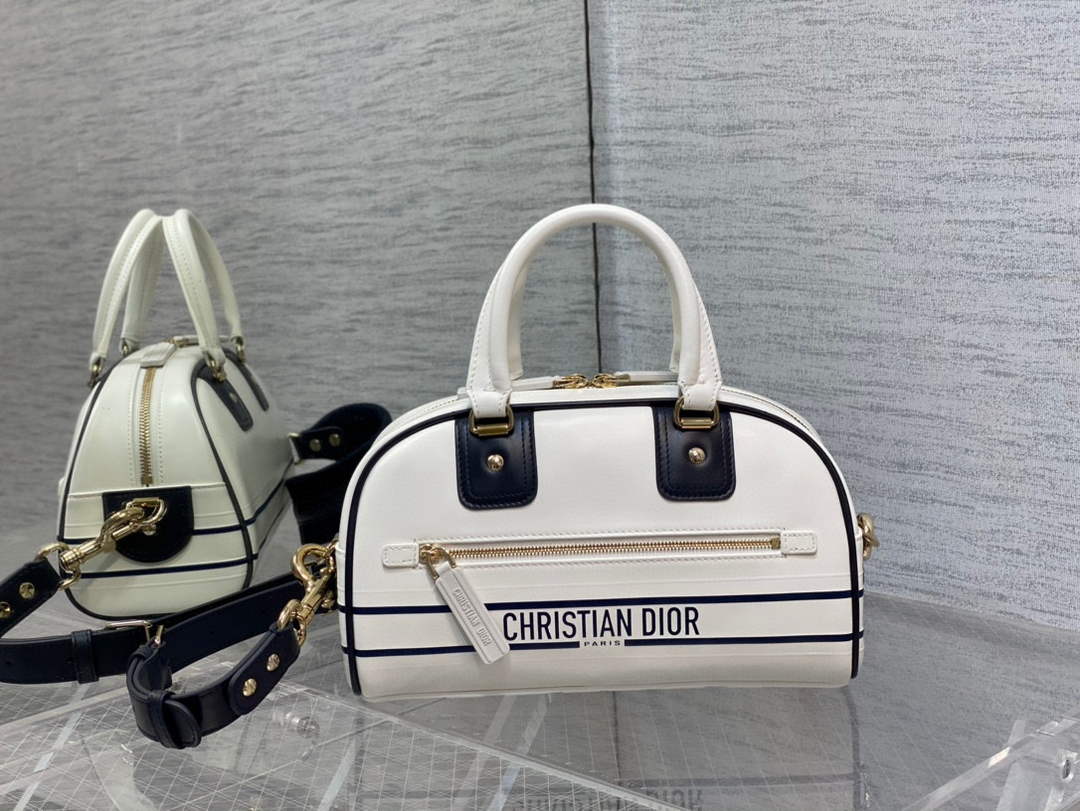 Dior M6209 Small Vibe Zip Bowling Bag White and Blue Smooth Calfskin - Default Title - View 1