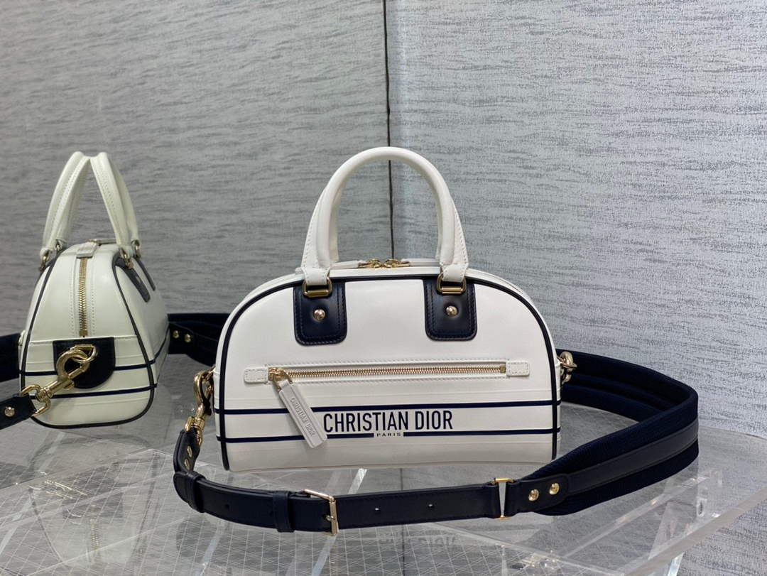 Dior M6209 Small Vibe Zip Bowling Bag White and Blue Smooth Calfskin - Default Title - View 2