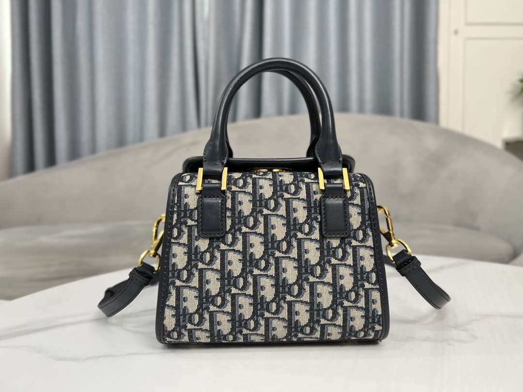 Dior M8671UBEQ_M900 Small Boston bag Navy Blue box Oblique Embroidery and Smooth Calfskin