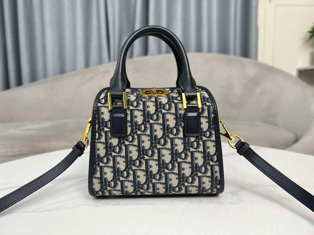 Dior M8671UBEQ_M900 Small Boston bag Navy Blue box Oblique Embroidery and Smooth Calfskin