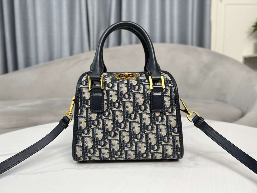 Dior M8671UBEQ_M900 Small Boston bag Navy Blue box Oblique Embroidery and Smooth Calfskin
