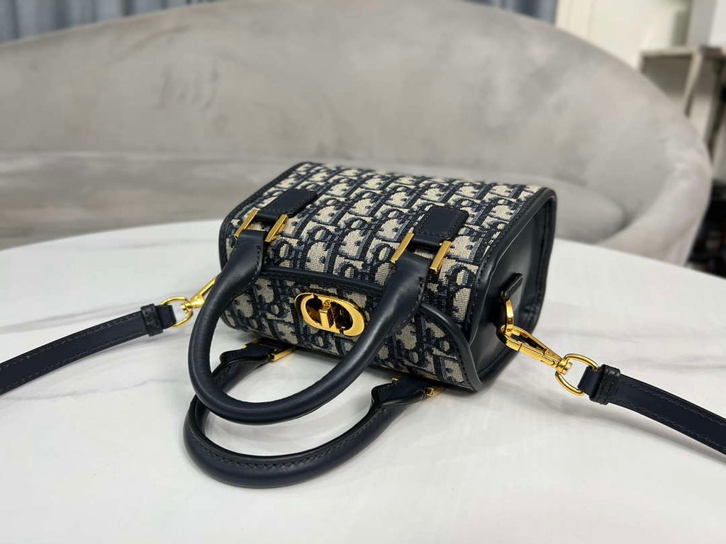 Dior M8671UBEQ_M900 Small Boston bag Navy Blue box Oblique Embroidery and Smooth Calfskin
