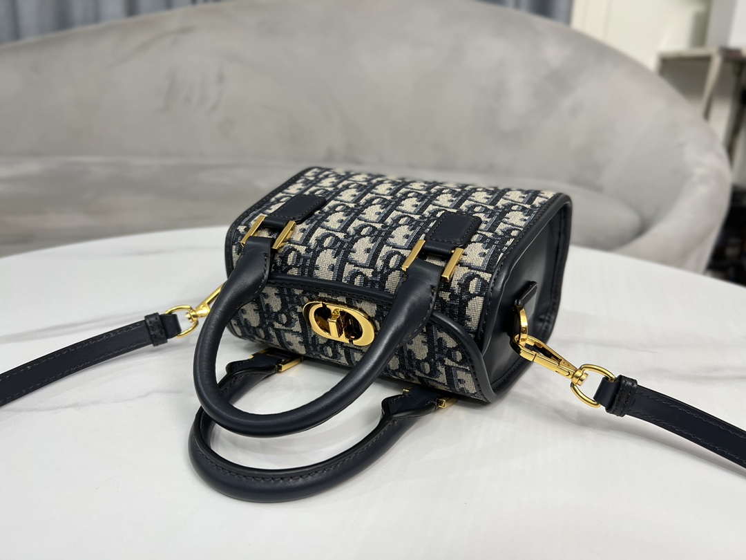 Dior M8671UBEQ_M900 Small Boston bag Navy Blue box Oblique Embroidery and Smooth Calfskin
