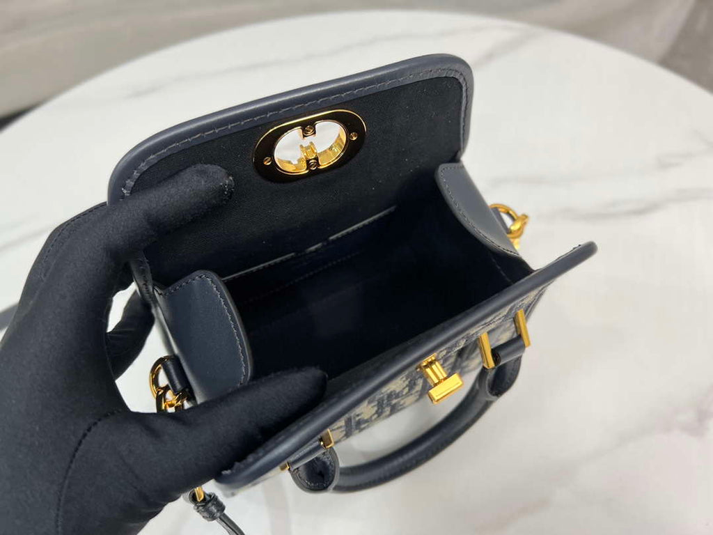 Dior M8671UBEQ_M900 Small Boston bag Navy Blue box Oblique Embroidery and Smooth Calfskin