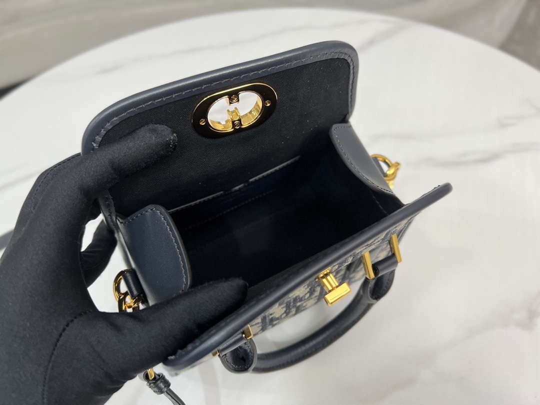 Dior M8671UBEQ_M900 Small Boston bag Navy Blue box Oblique Embroidery and Smooth Calfskin
