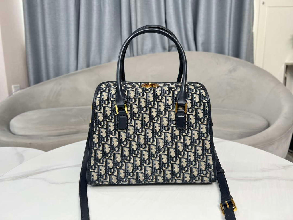 Dior M8675 Medium Boston bag Navy blue box Oblique Embroidery and Smooth Calfskin