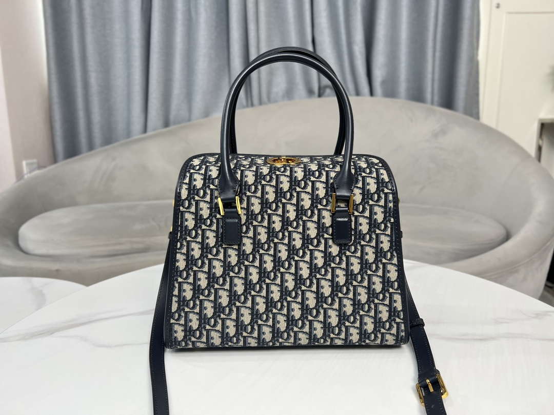 Dior M8675 Medium Boston bag Navy blue box Oblique Embroidery and Smooth Calfskin
