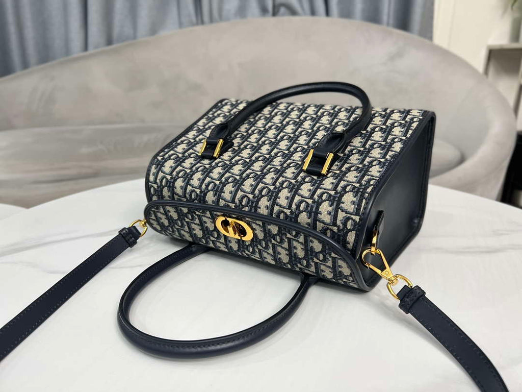 Dior M8675 Medium Boston bag Navy blue box Oblique Embroidery and Smooth Calfskin