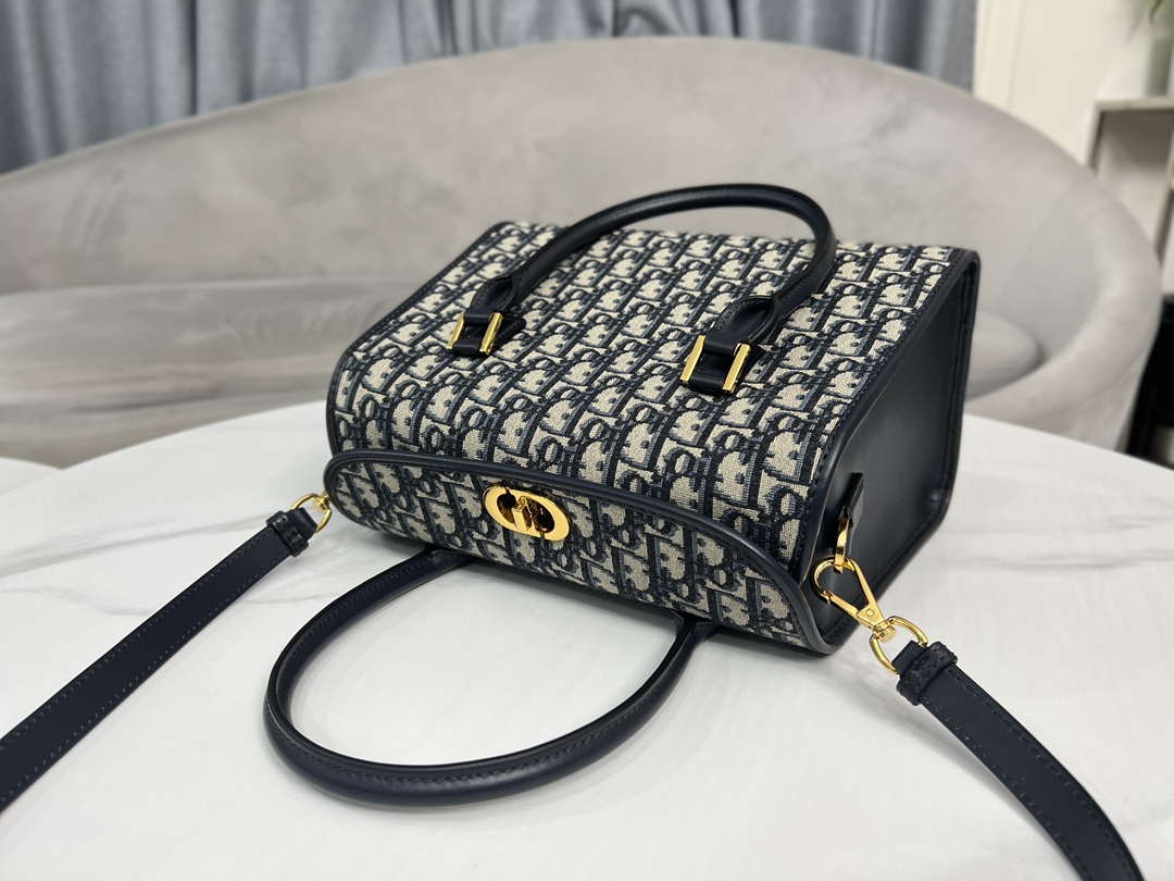 Dior M8675 Medium Boston bag Navy blue box Oblique Embroidery and Smooth Calfskin