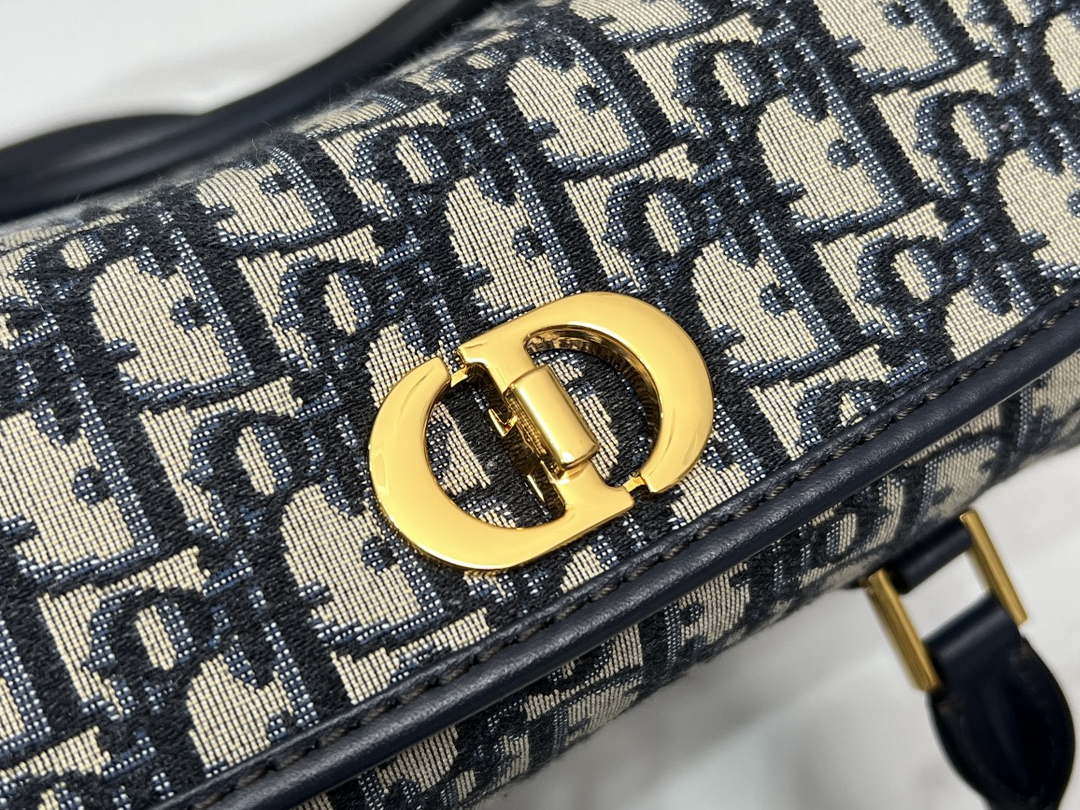 Dior M8675 Medium Boston bag Navy blue box Oblique Embroidery and Smooth Calfskin