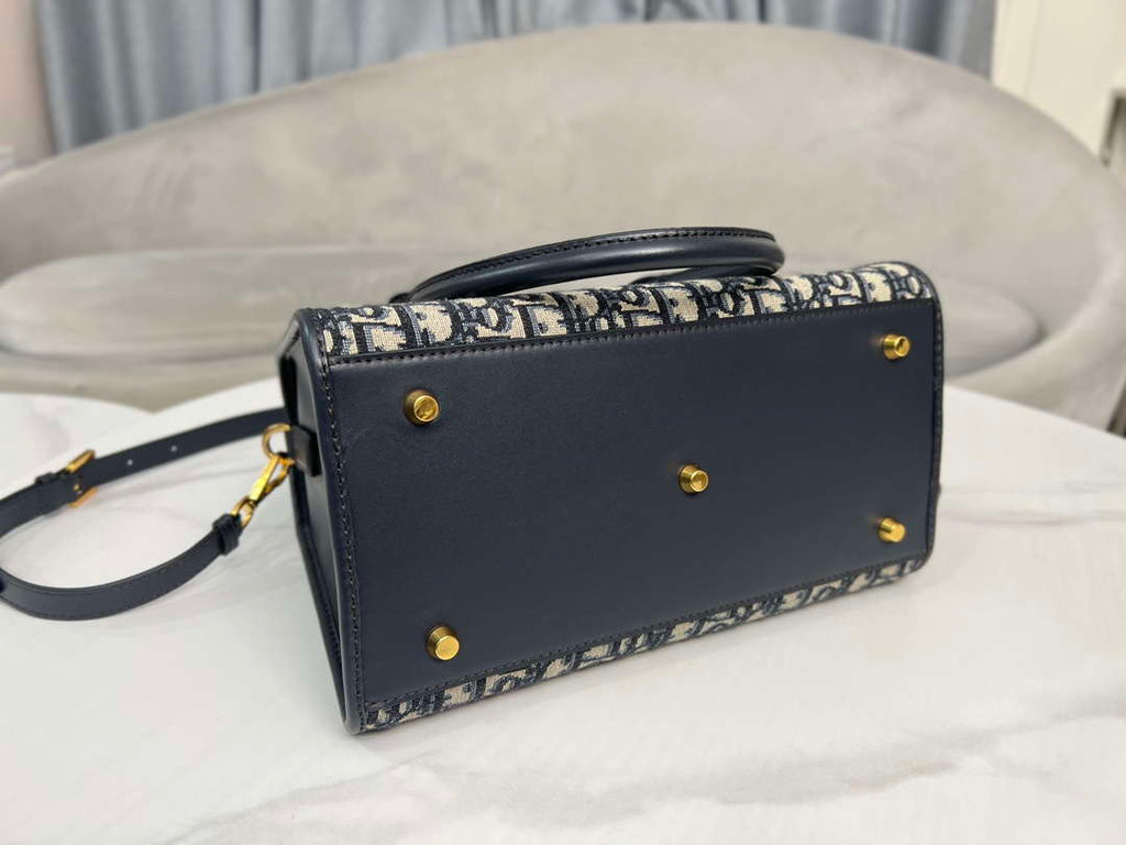 Dior M8675 Medium Boston bag Navy blue box Oblique Embroidery and Smooth Calfskin