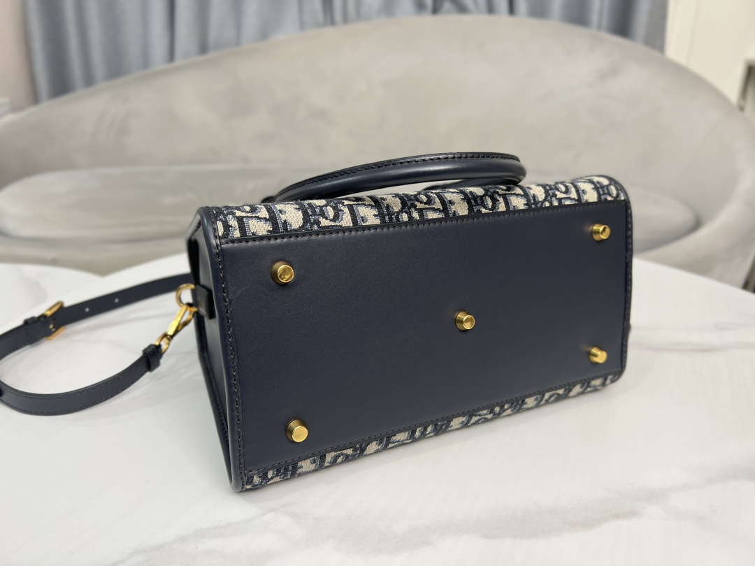 Dior M8675 Medium Boston bag Navy blue box Oblique Embroidery and Smooth Calfskin