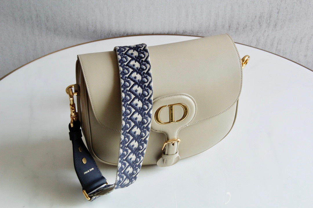 Dior M9320 Large Bobby Bag Beige Box Calfskin with Blue Oblique Strap - Default Title - View 1