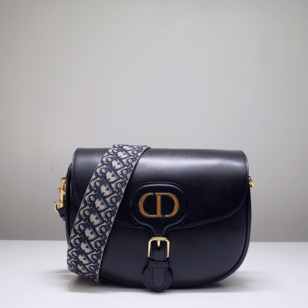 Dior M9320 Large Bobby Bag Black Box Calfskin with Blue Oblique Strap - Default Title - View 1
