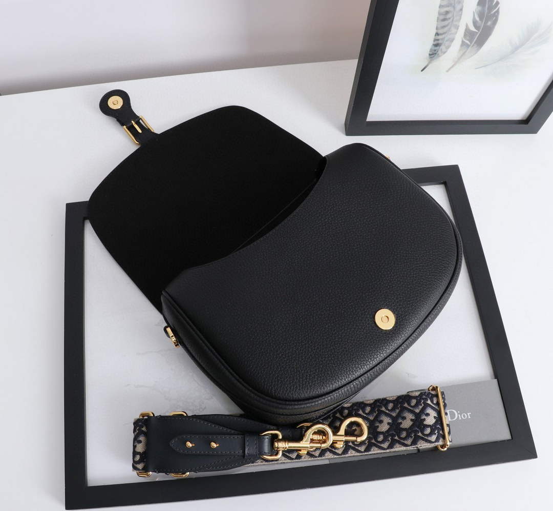 Dior M9320 Large Bobby Bag Black Grained Calfskin with Blue Dior Oblique Strap - Default Title - View 5