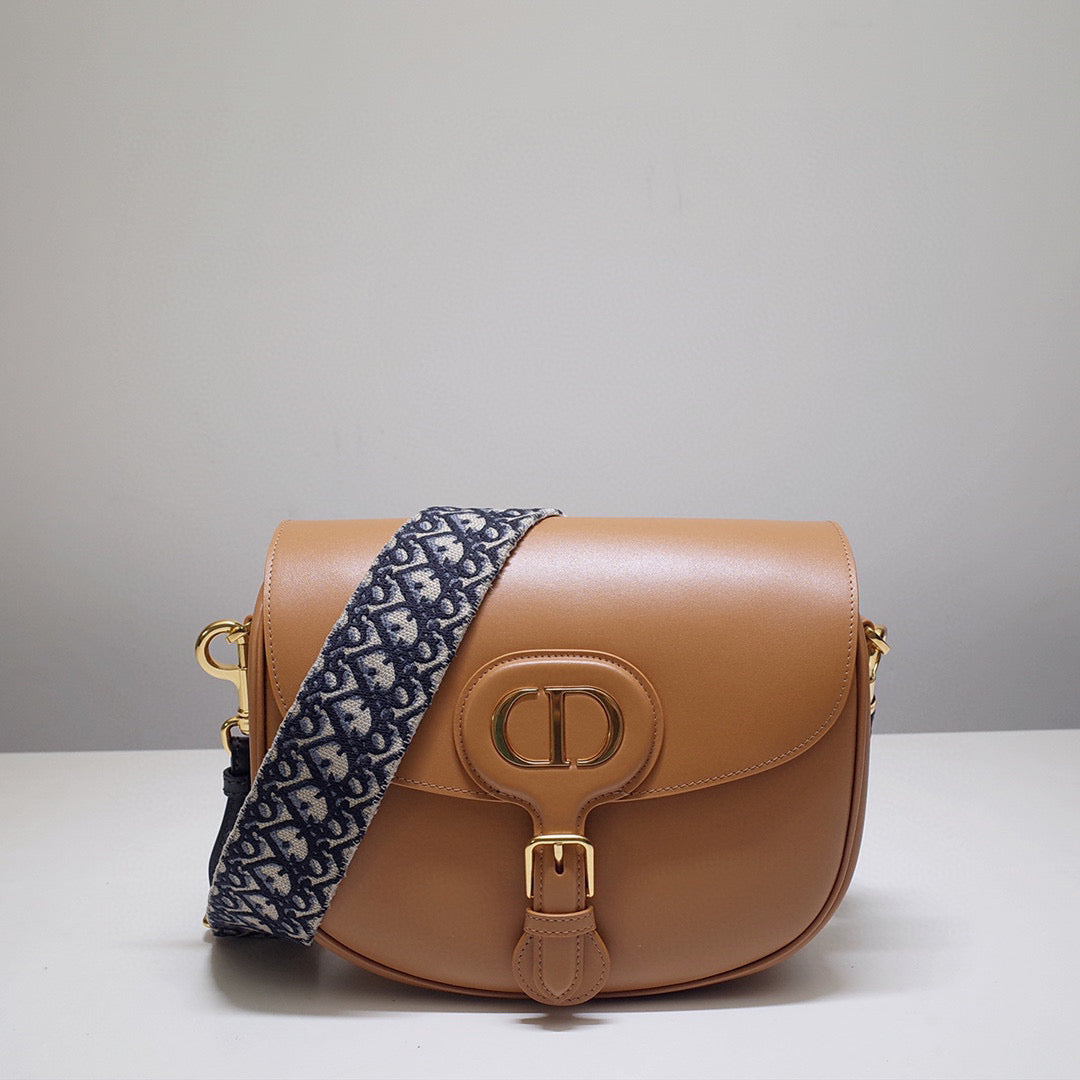 Dior M9320 Large Bobby Bag Tan Box Calfskin with Blue Oblique Strap - Default Title - View 1