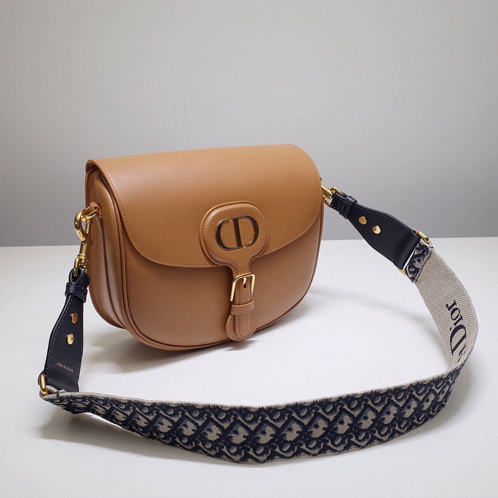 Dior M9320 Large Bobby Bag Tan Box Calfskin with Blue Oblique Strap