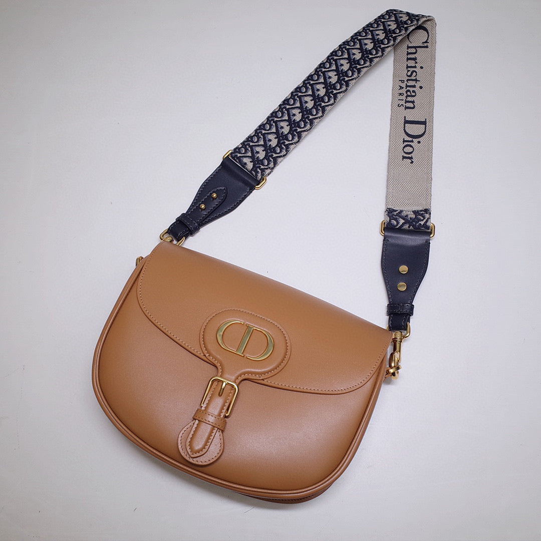 Dior M9320 Large Bobby Bag Tan Box Calfskin with Blue Oblique Strap