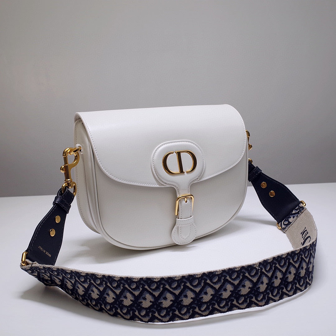 Dior M9320 Large Bobby Bag white Box Calfskin with Blue Oblique Strap