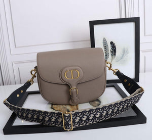 Dior M9320 Large Dior Bobby Bag Warm Taupe BoxCalfskin With Blue Oblique Embroidered Strap - Default Title - View 1