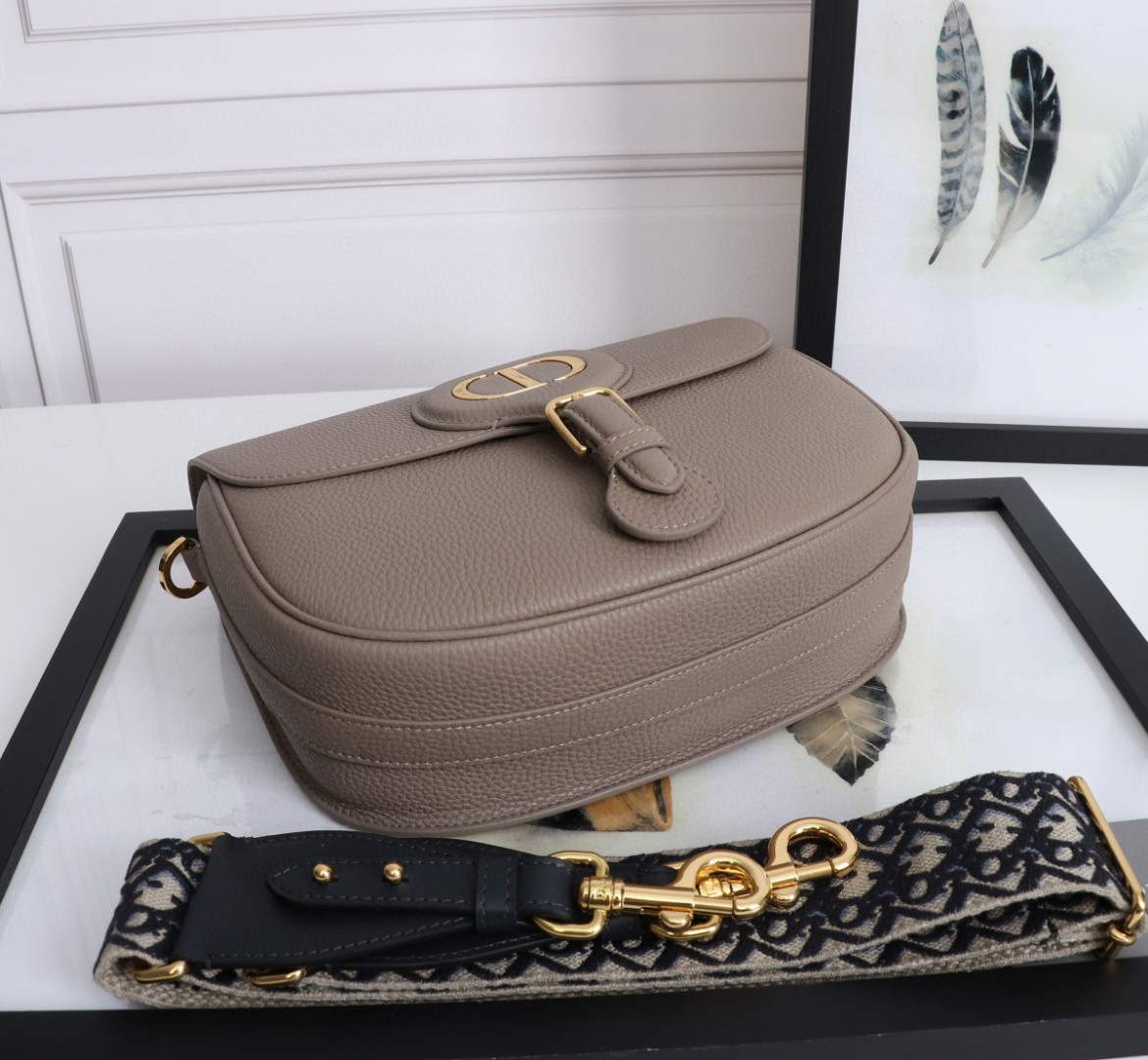 Dior M9320 Large Dior Bobby Bag Warm Taupe BoxCalfskin With Blue Oblique Embroidered Strap - Default Title - View 4