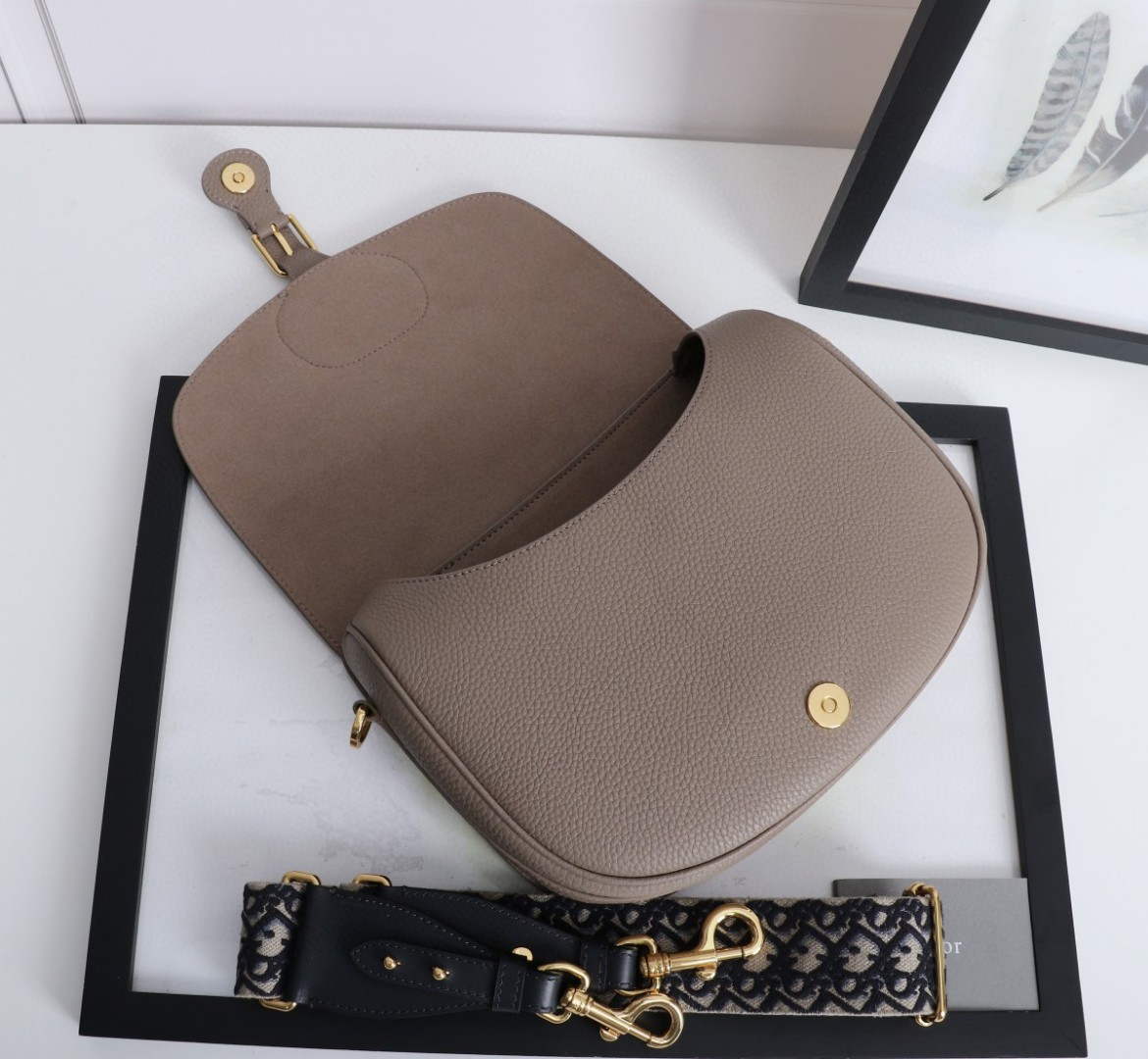 Dior M9320 Large Dior Bobby Bag Warm Taupe BoxCalfskin With Blue Oblique Embroidered Strap - Default Title - View 5