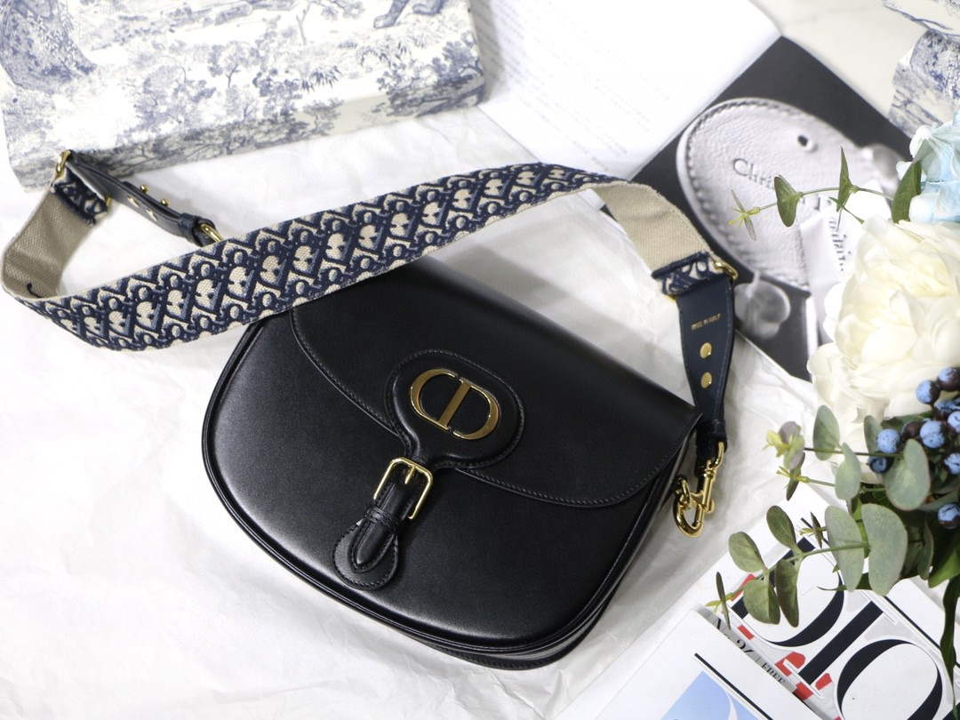 Dior M9320 Large Dior Bobby Bag Black Calfskin With Blue Oblique Embroidered Strap - Default Title - View 1