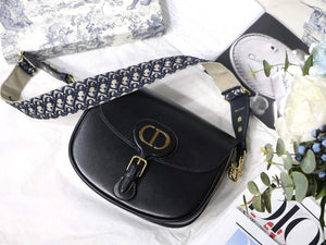 Dior M9320 Large Dior Bobby Bag Black Calfskin With Blue Oblique Embroidered Strap - Default Title - View 1