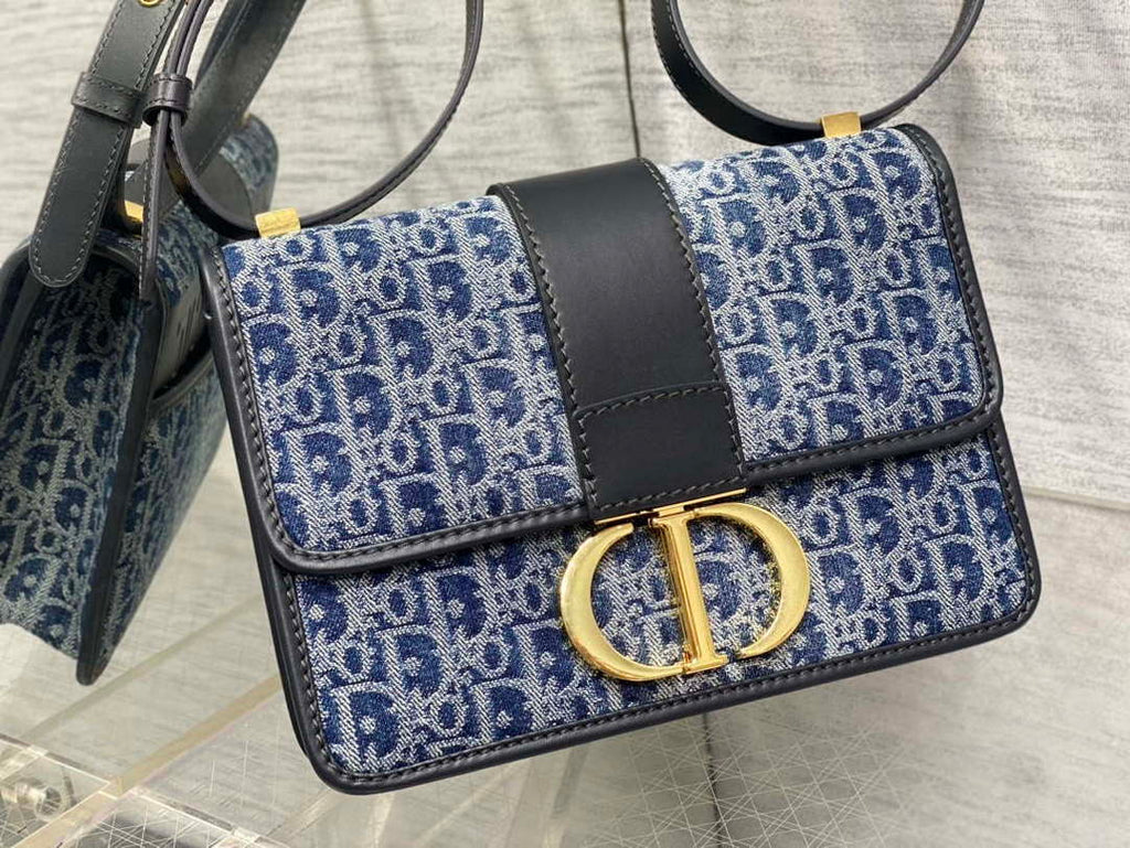 Dior M9334 30 Large Montaigne Bag with Chain Blue Denim Dior Oblique Jacquard M2028
