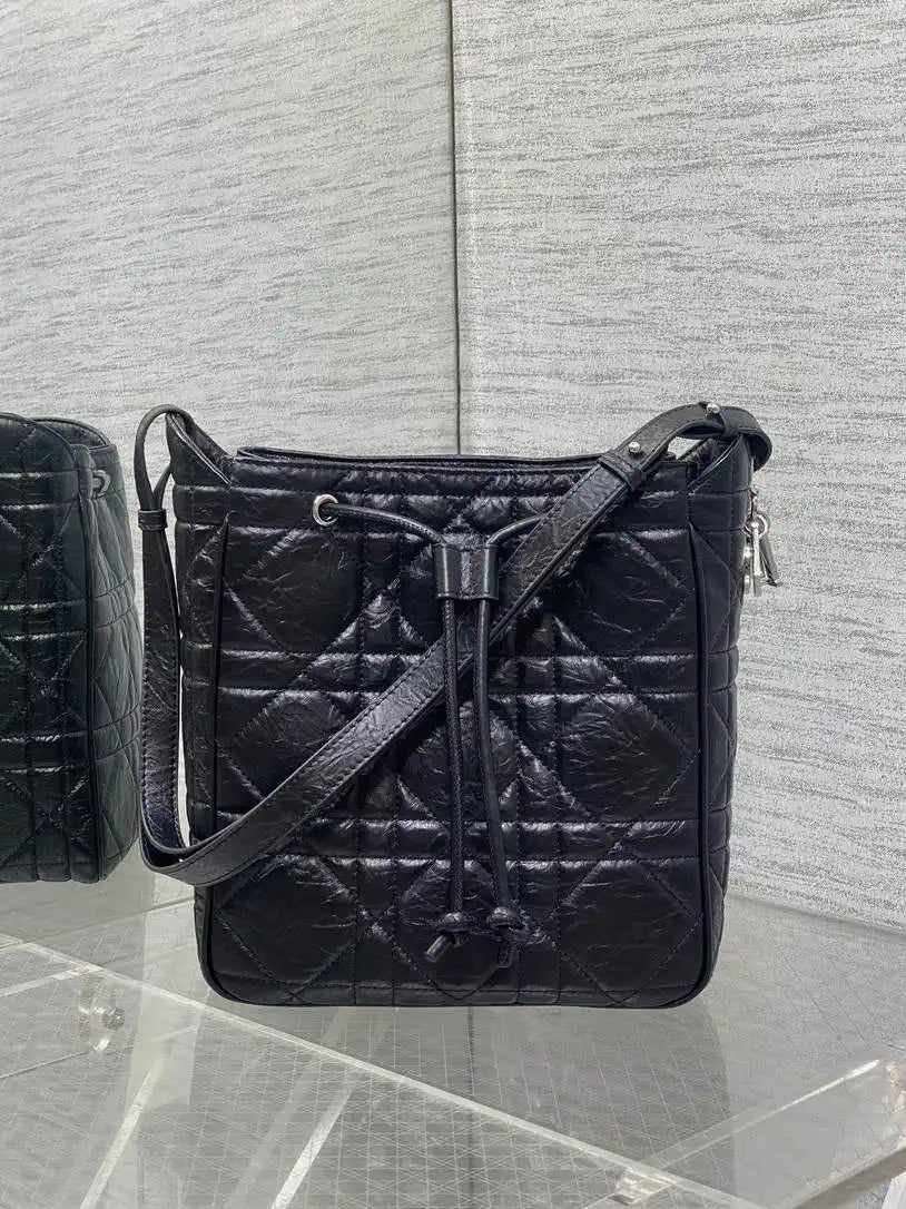 Dior Medium D-Motion Bag M2852 Black Macrocannage Crinkled Calfskin