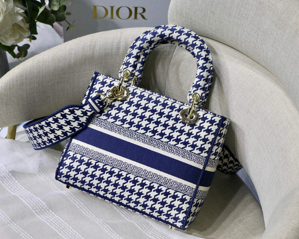 Dior Medium Lady D-Life Bag M0565 Navy Blue and White Butterfly Embroidery