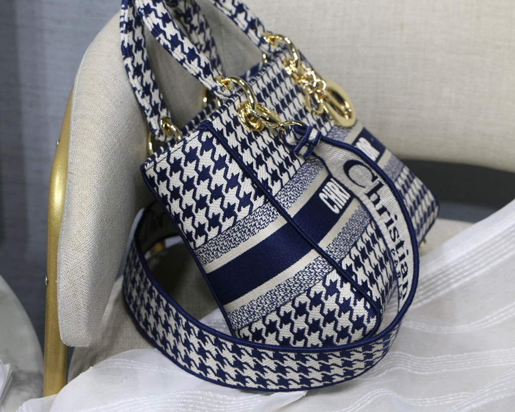 Dior Medium Lady D-Life Bag M0565 Navy Blue and White Butterfly Embroidery