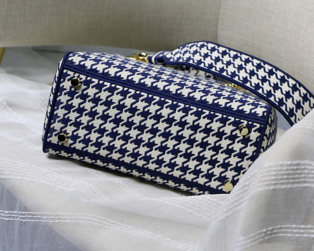 Dior Medium Lady D-Life Bag M0565 Navy Blue and White Butterfly Embroidery
