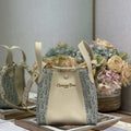 Dior Medium Signature Bucket Bag Blue Dior Oblique Chambray with Raffia Effect and Light Biscuit Smooth Calfskin - Default Title - View 1