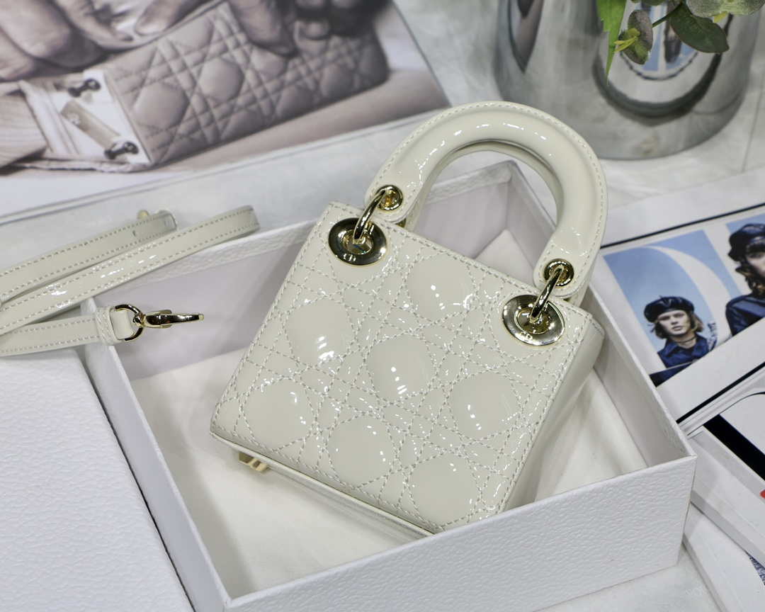 Dior MICRO LADY Dior Bag S0856 White Patent Cannage Lambskin