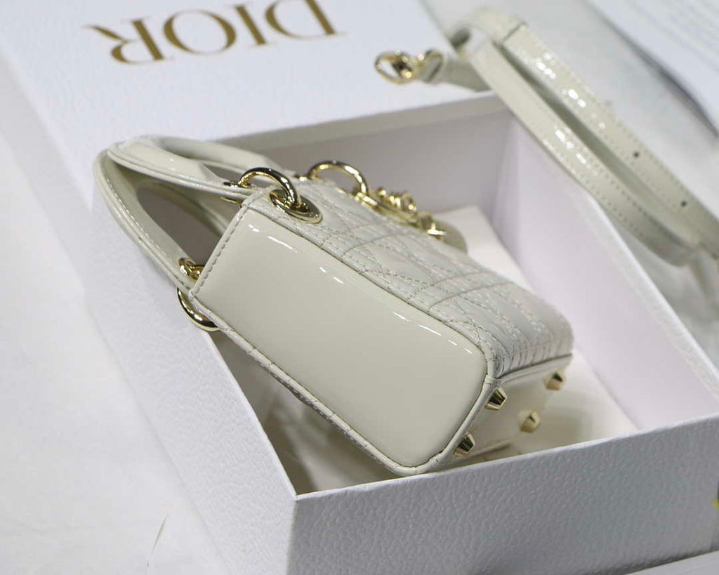 Dior MICRO LADY Dior Bag S0856 White Patent Cannage Lambskin