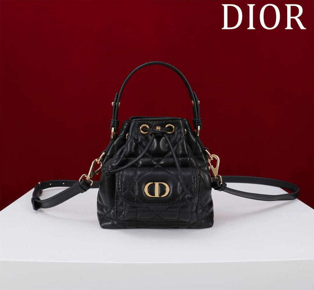 Dior Mini Caro Bucket Bag Powder Black Macrocannage Lambskin M3369