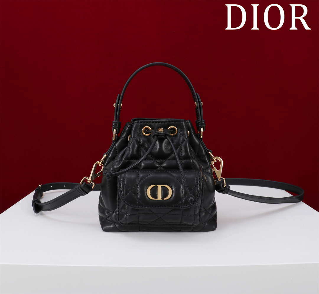 Dior Mini Caro Bucket Bag Powder Black Macrocannage Lambskin M3369