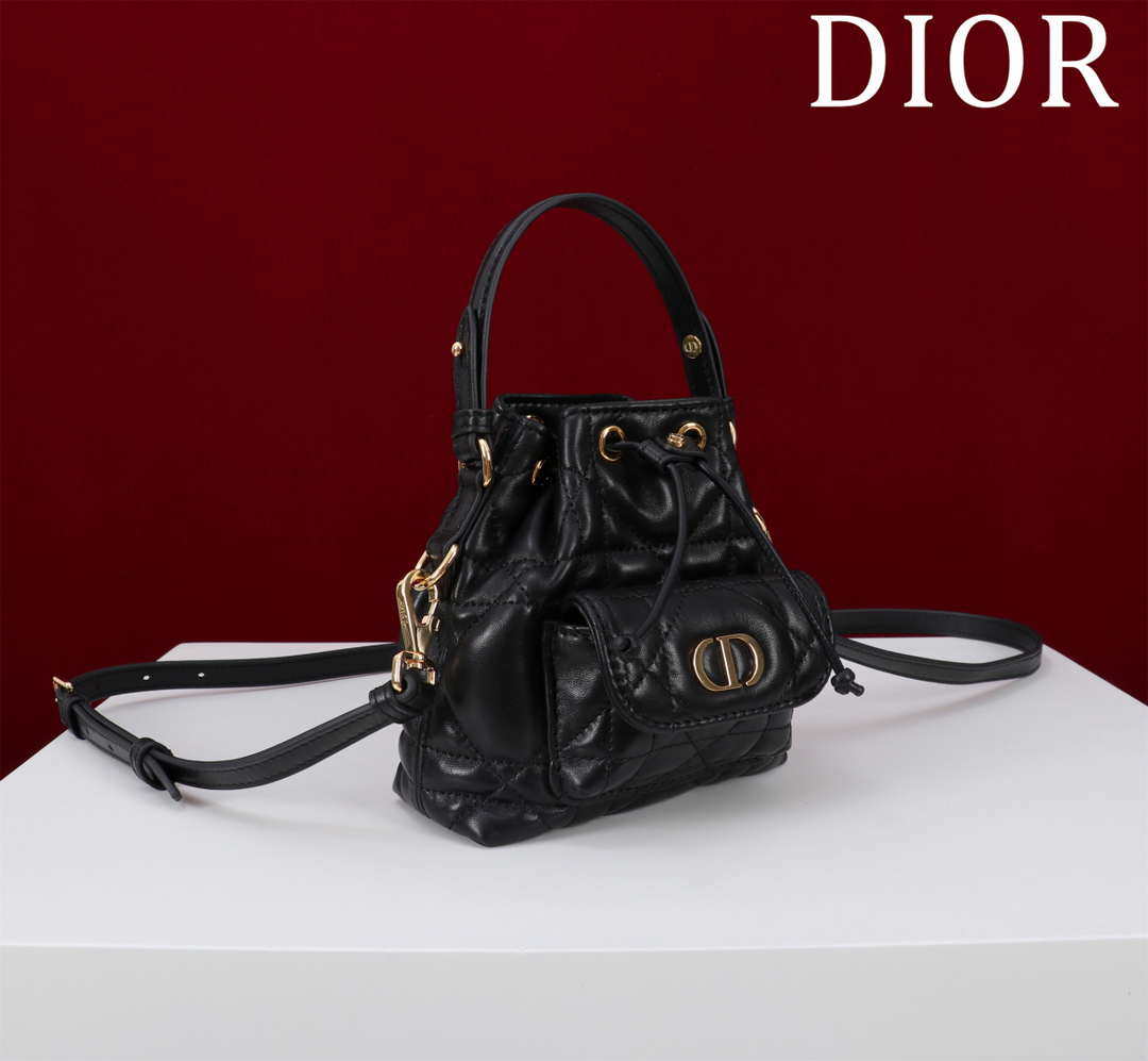 Dior Mini Caro Bucket Bag Powder Black Macrocannage Lambskin M3369