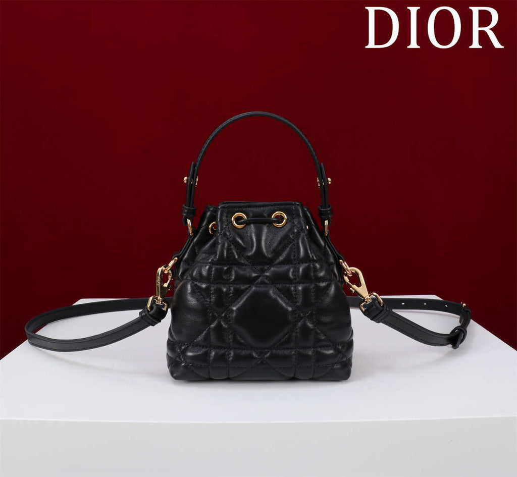 Dior Mini Caro Bucket Bag Powder Black Macrocannage Lambskin M3369