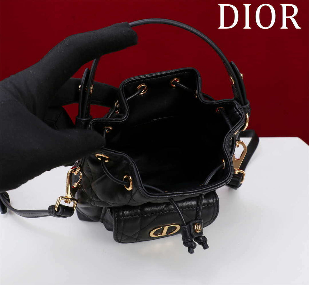 Dior Mini Caro Bucket Bag Powder Black Macrocannage Lambskin M3369