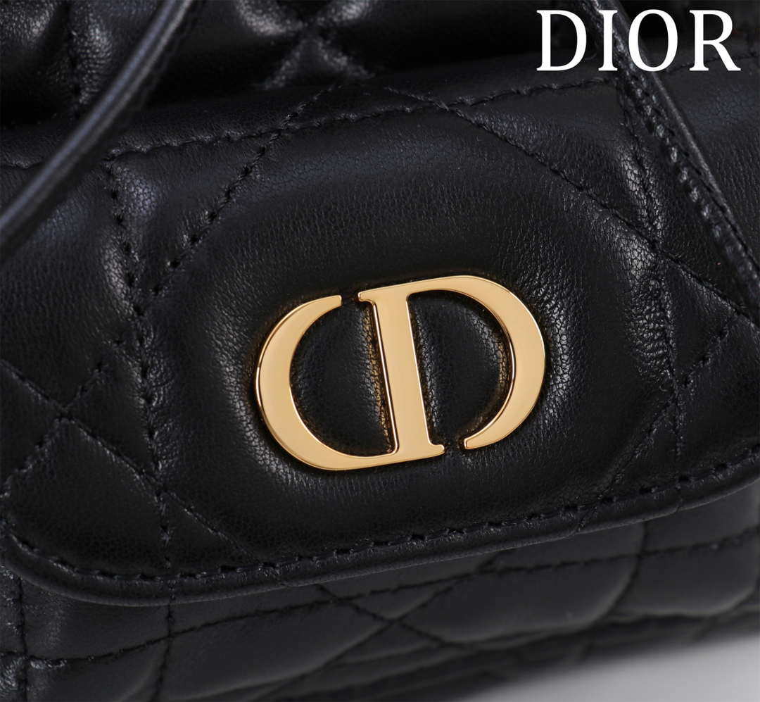 Dior Mini Caro Bucket Bag Powder Black Macrocannage Lambskin M3369