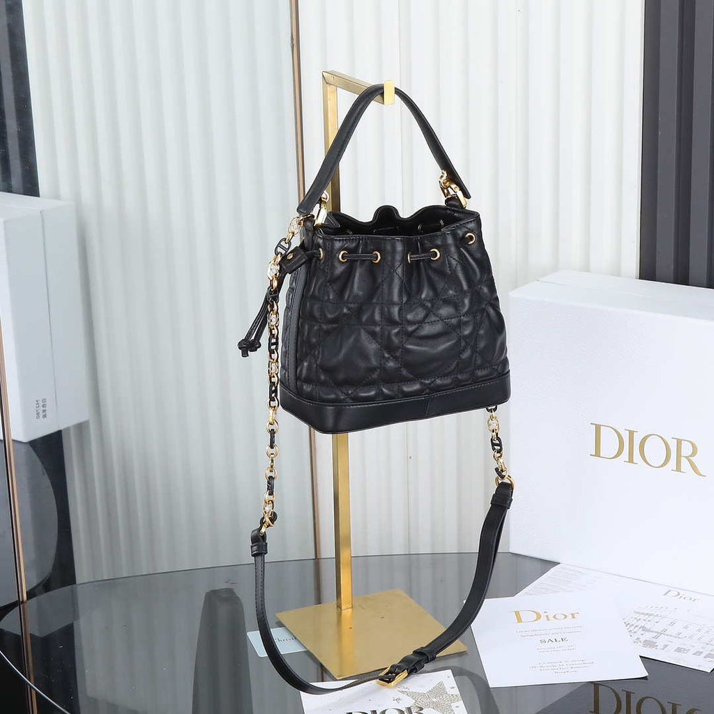 Dior Mini Caro Bucket Bag Powder Black Macrocannage Lambskin M3369