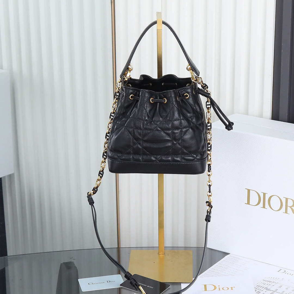 Dior Mini Caro Bucket Bag Powder Black Macrocannage Lambskin M3369